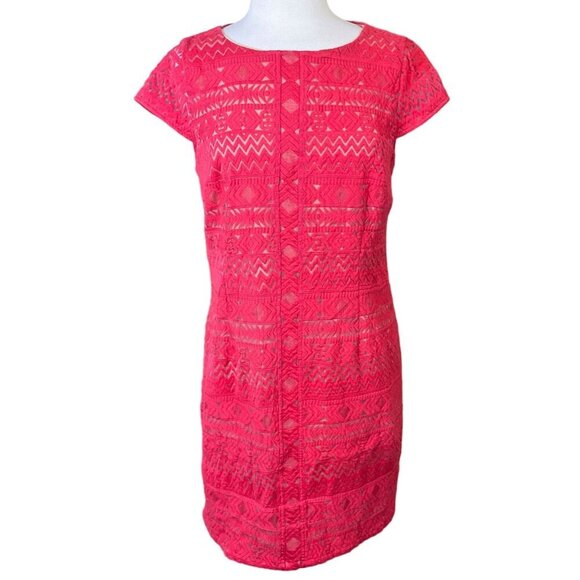 Laundry by Shelli Segal Coral Rouge Cap Sleeve Geometric Lace Lined Shift Dr 10 - Picture 1 of 12